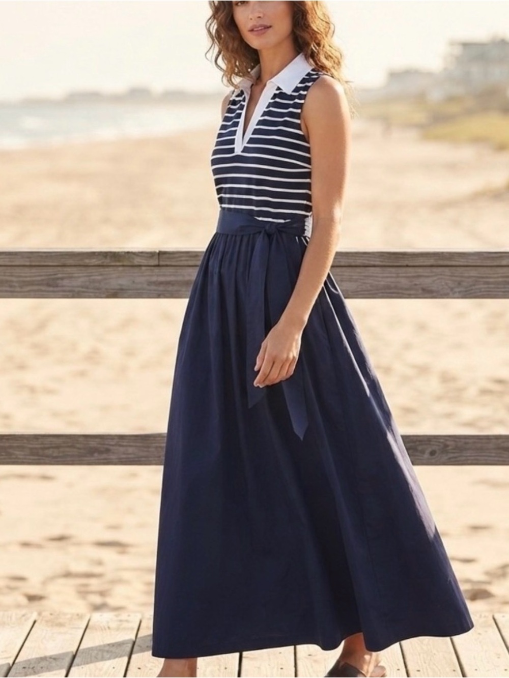 Anne Klein NWT Navy & White Striped Collar Midi Dress Women’s Size 4